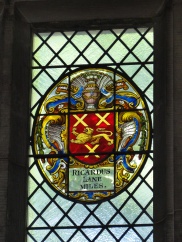 Richard Lane's Armorial glass in the windows of Middle Temple Hall. This is different than his Readership armorial panel on the walls below - it was the updated with the Lion by Charles II. The word "miles" means he was a Knight.