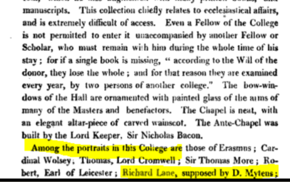 the section of the book describing the contents of the library at Corpus Christi in 1820. Richard Lane's portrait was listed as being part of the collection at that time.