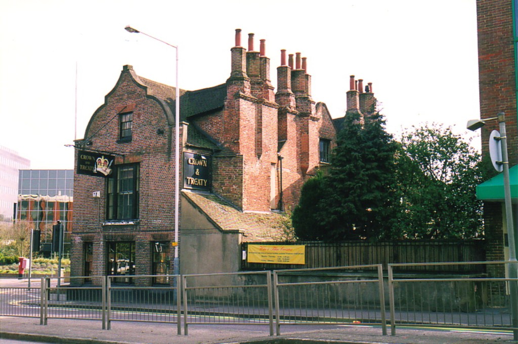 The unique and artful chimneys across the back wall of the Crown and Treaty are one of its most remarkable features