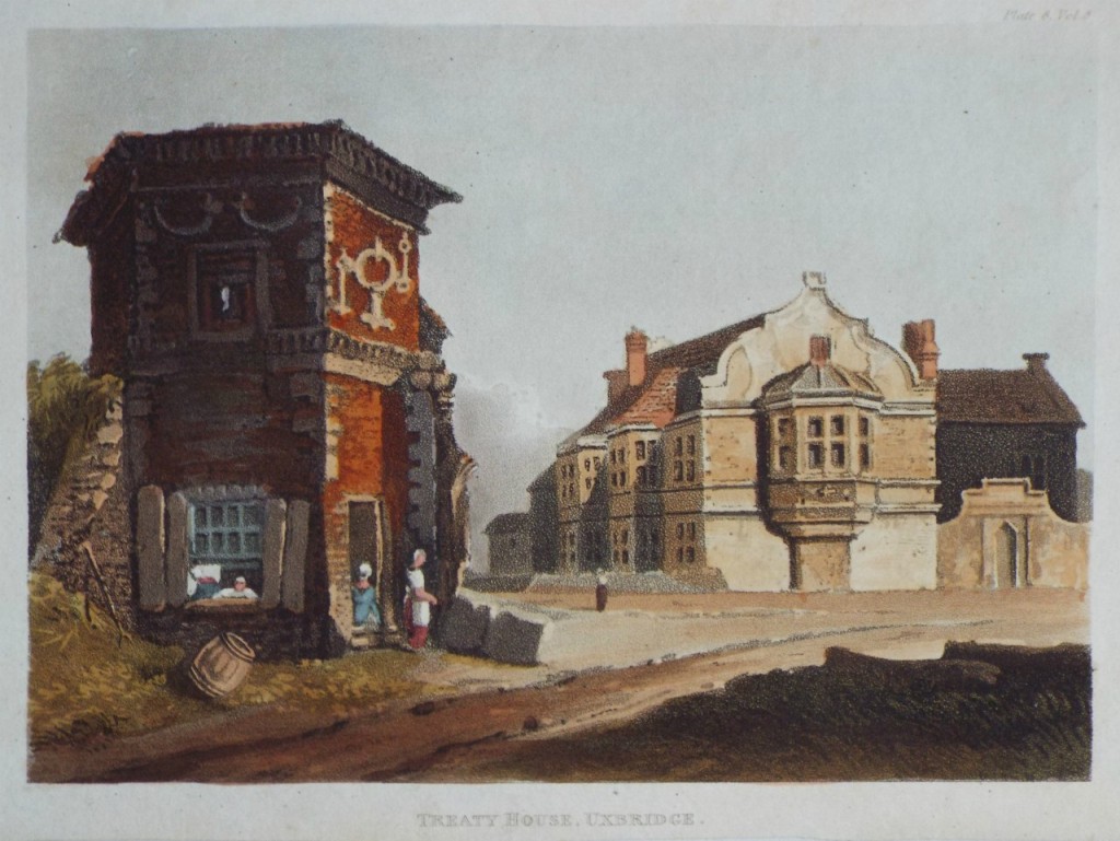 This is one of the most famous and earliest (ca 1810) images of the surviving wing and the striking hexagonal gatehouse,